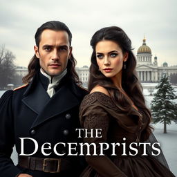 A historical book cover featuring a handsome man and a beautiful woman set in the context of the Decembrists in the Russian Empire