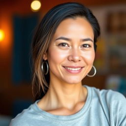 A simple Colombian woman, 45 years old, with dark hair, dressed in casual, comfortable clothing, standing in a full-body pose for a social media avatar