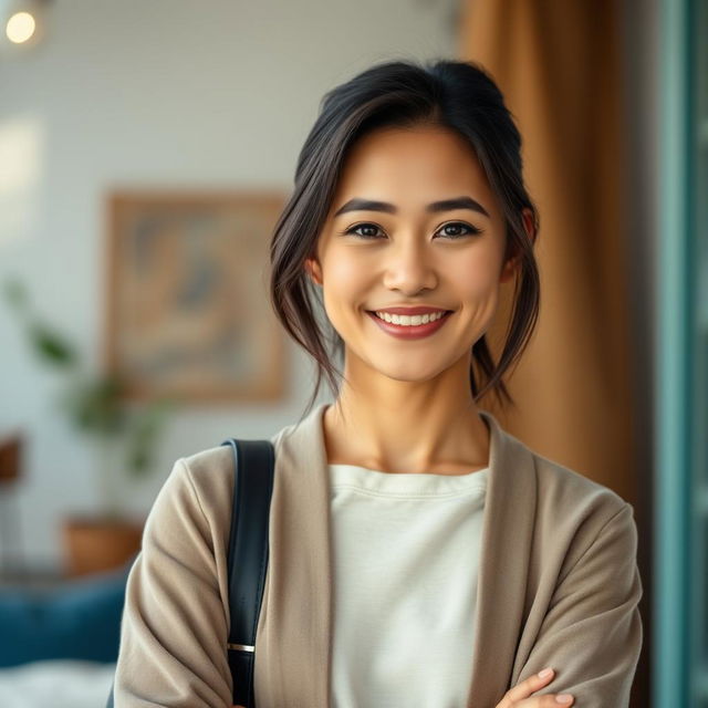 A simple Colombian woman, 45 years old, with dark hair, dressed in casual, comfortable clothing, standing in a full-body pose for a social media avatar