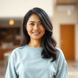 A simple Colombian woman, 45 years old, with dark hair, dressed in casual, comfortable clothing, standing in a full-body pose for a social media avatar