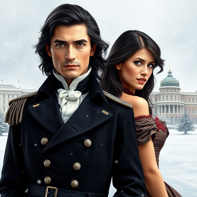 A historical book cover featuring a handsome man resembling French actor Pierre Niney, with stylish long dark hair, dark eyes, and a long nose, embodying charm and sophistication