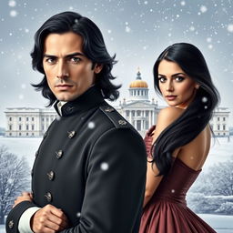 A historical book cover featuring a handsome man resembling French actor Pierre Niney, with stylish long dark hair, dark eyes, and a long nose, embodying charm and sophistication