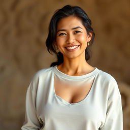 A simple Colombian woman, 45 years old, with dark hair and tanned skin, dressed in casual and comfortable clothing, standing in a full-body pose for a social media avatar