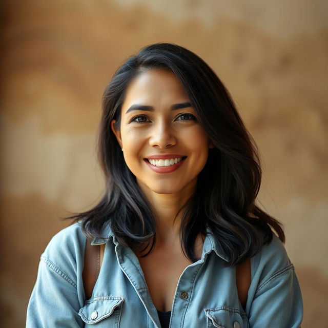 A simple Colombian woman, 45 years old, with dark hair and tanned skin, dressed in casual and comfortable clothing, standing in a full-body pose for a social media avatar