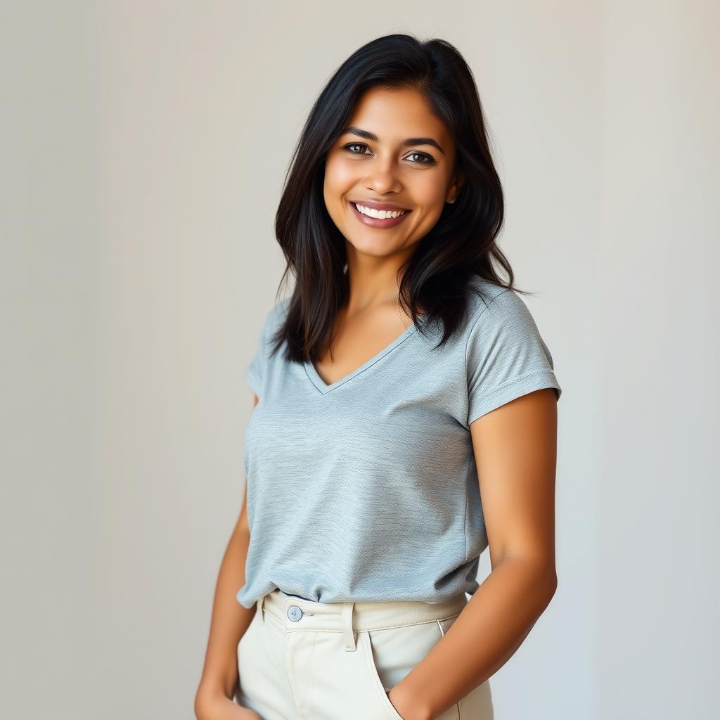 A simple Colombian woman, 45 years old, with dark hair and tanned skin, wearing casual and simple clothing, standing in a full-body pose for a social media avatar