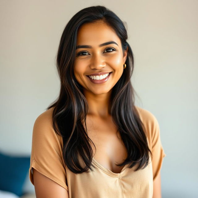 A simple Colombian woman, 45 years old, with dark hair and tanned skin, wearing casual and simple clothing, standing in a full-body pose for a social media avatar