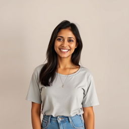 A simple Colombian woman, 45 years old, with dark hair and tanned skin, wearing casual and simple clothing, standing in a full-body pose for a social media avatar