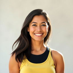 A simple Colombian woman, 45 years old, with dark hair and tanned skin, wearing casual and simple clothing, standing in a full-body pose for a social media avatar