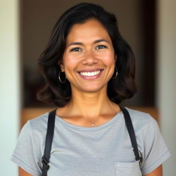 A simple Colombian woman, 45 years old, with dark hair and tanned skin, wearing casual and simple clothing, standing in a full-body pose for a social media avatar