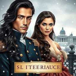 A historical book cover showcasing a dashing French man with long, flowing dark hair and captivating dark eyes, resembling a charismatic figure from the early 19th century