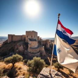 A majestic view of Crac des Chevaliers, the ancient fortress in Syria, showcasing its impressive stone architecture under a bright blue sky