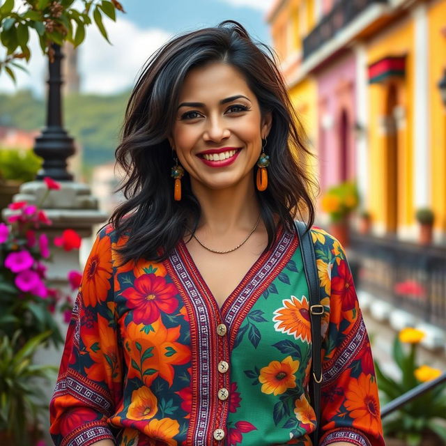 A Colombian woman aged between 35 and 45, with dark hair and dressed in stylish, vibrant clothing that reflects Colombian culture