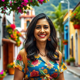 A Colombian woman aged between 35 and 45, with dark hair and dressed in stylish, vibrant clothing that reflects Colombian culture