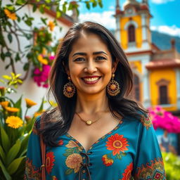 A Colombian woman aged between 35 and 45, with dark hair and dressed in stylish, vibrant clothing that reflects Colombian culture