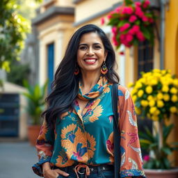 A Colombian woman aged between 35 and 45, with dark hair and dressed in stylish, vibrant clothing that reflects Colombian culture