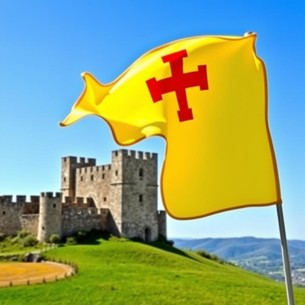 A majestic view of Tripoli Castle with the Occitan flag waving proudly in the foreground