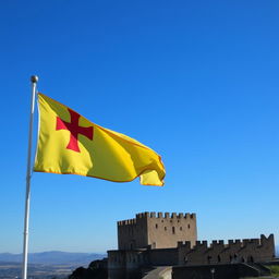A majestic view of Tripoli Castle with the Occitan flag waving proudly in the foreground