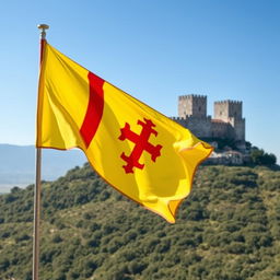A majestic view of Tripoli Castle with the Occitan flag waving proudly in the foreground