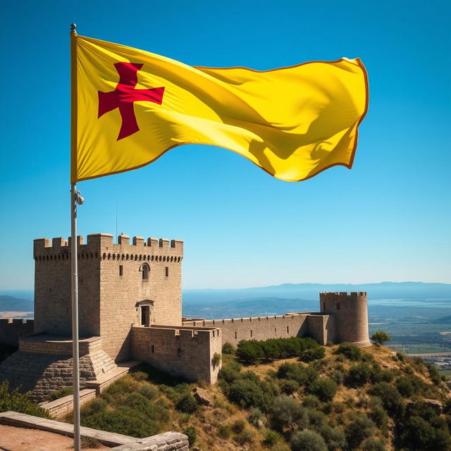 A majestic view of Tripoli Castle with the Occitan flag waving proudly in the foreground