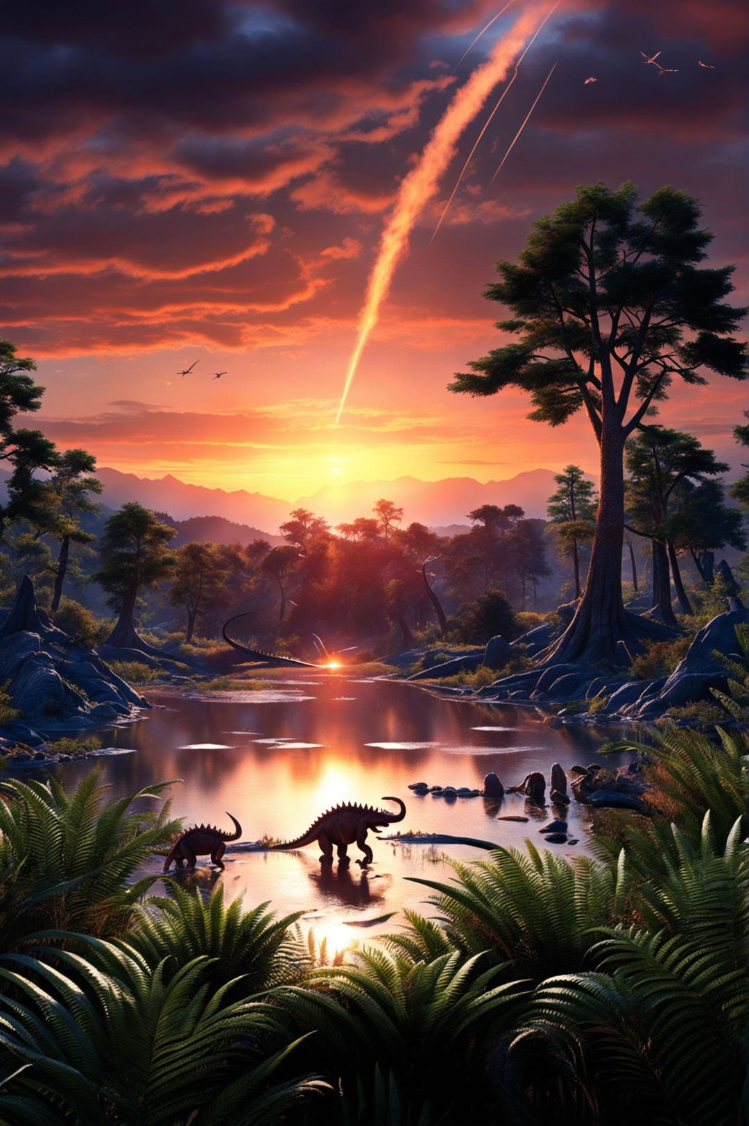 A wide-angle HD cinematic nature photograph capturing ultra-detailed dinosaurs in their natural habitat at sunset, oblivious to a meteor hurtling towards Earth