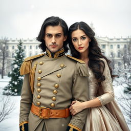 A historical book cover depicting a charming man resembling French actor Pierre Niney, with long, flowing dark hair, deep dark eyes, and a slender frame