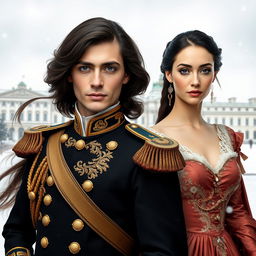 A historical book cover depicting a charming man resembling French actor Pierre Niney, with long, flowing dark hair, deep dark eyes, and a slender frame