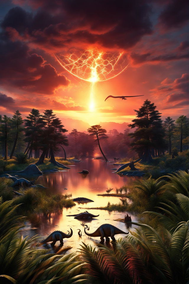 A wide-angle HD cinematic nature photograph taken with a Nikon camera showcasing ultra-detailed dinosaurs in their natural habitat at sunset, unaware of a meteor hurtling towards Earth