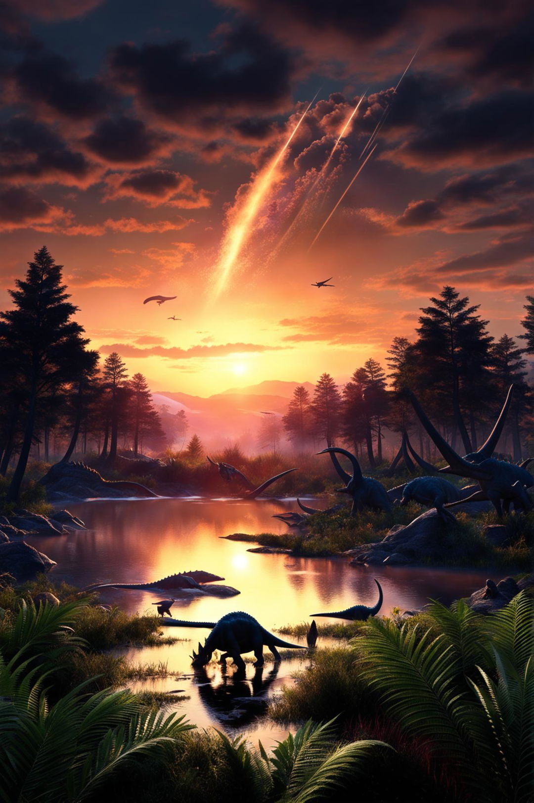 A wide-angle HD cinematic nature photograph taken with a Nikon camera, featuring ultra-detailed dinosaurs and prehistoric fauna at sunset, with an extinction event imminent