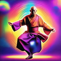 A charismatic monk in a vibrant colored disco outfit, dancing under the glow of a spinning disco ball.