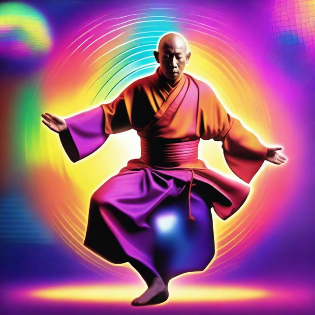 A charismatic monk in a vibrant colored disco outfit, dancing under the glow of a spinning disco ball.