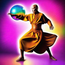 A charismatic monk in a vibrant colored disco outfit, dancing under the glow of a spinning disco ball.