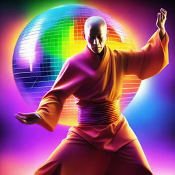 A charismatic monk in a vibrant colored disco outfit, dancing under the glow of a spinning disco ball.