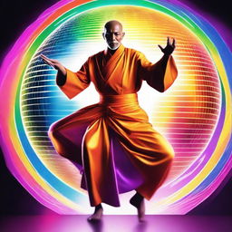 A charismatic monk in a vibrant colored disco outfit, dancing under the glow of a spinning disco ball.