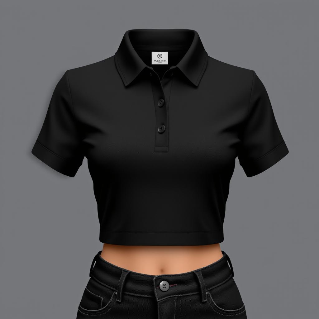 A stylish women's black cropped polo shirt design featuring a modern and chic look