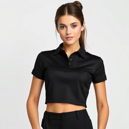 A stylish women's black cropped polo shirt design featuring a modern and chic look
