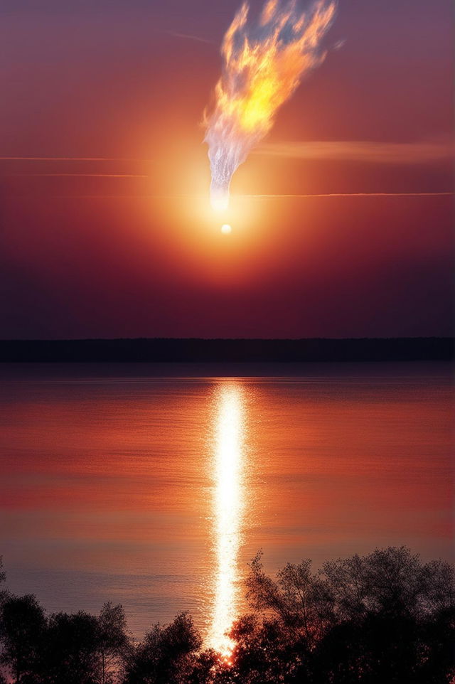 An HD photograph capturing an extinction event with an asteroid hurtling towards Earth against a sunset horizon.