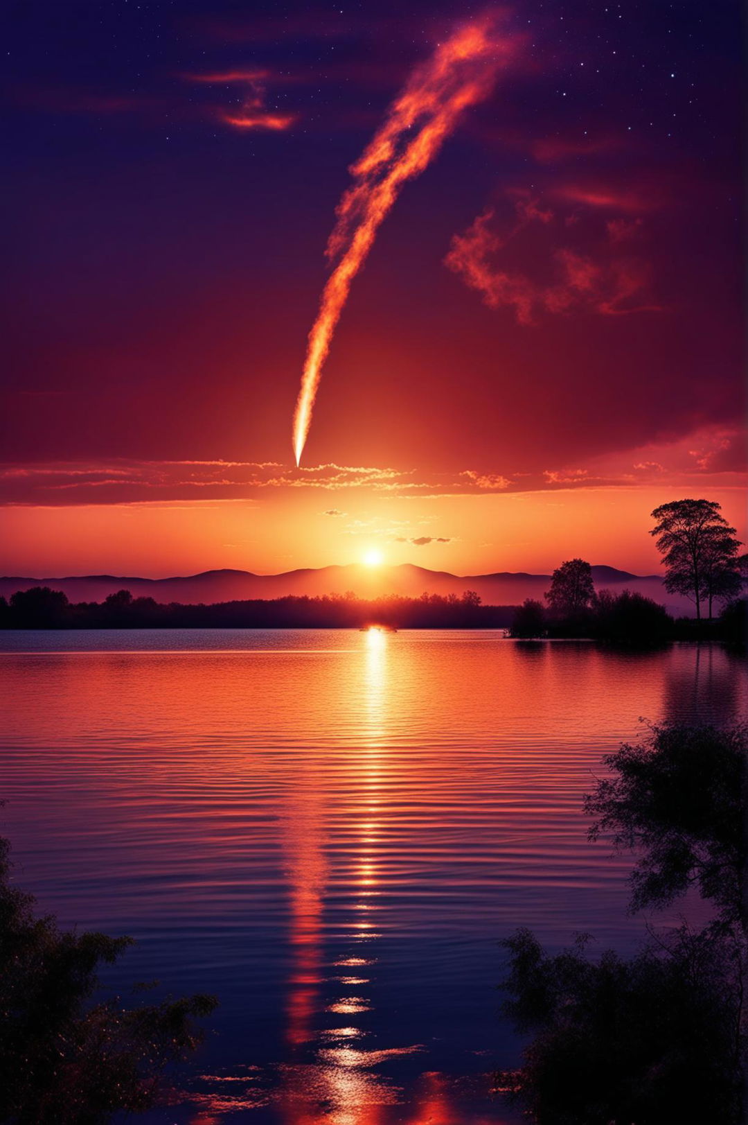 An HD photograph capturing a gigantic meteor hurtling towards Earth against a sunset horizon.