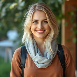 A 35-year-old woman with light-colored hair, European features, casually dressed