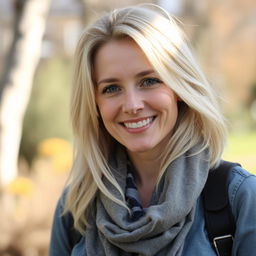A 35-year-old woman with light-colored hair, European features, casually dressed