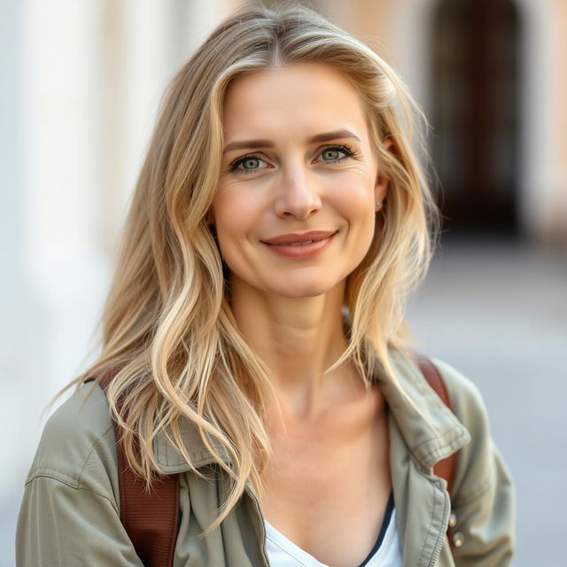 A 35-year-old woman with light-colored hair, European features, casually dressed