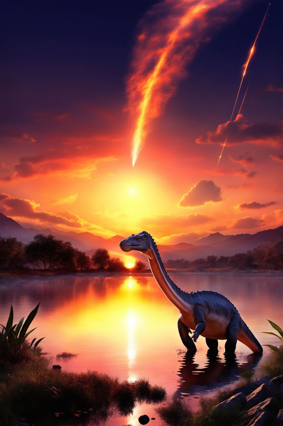 An HD photograph capturing a Diplodocus watching a significantly larger meteor hurtling towards Earth against a sunset horizon