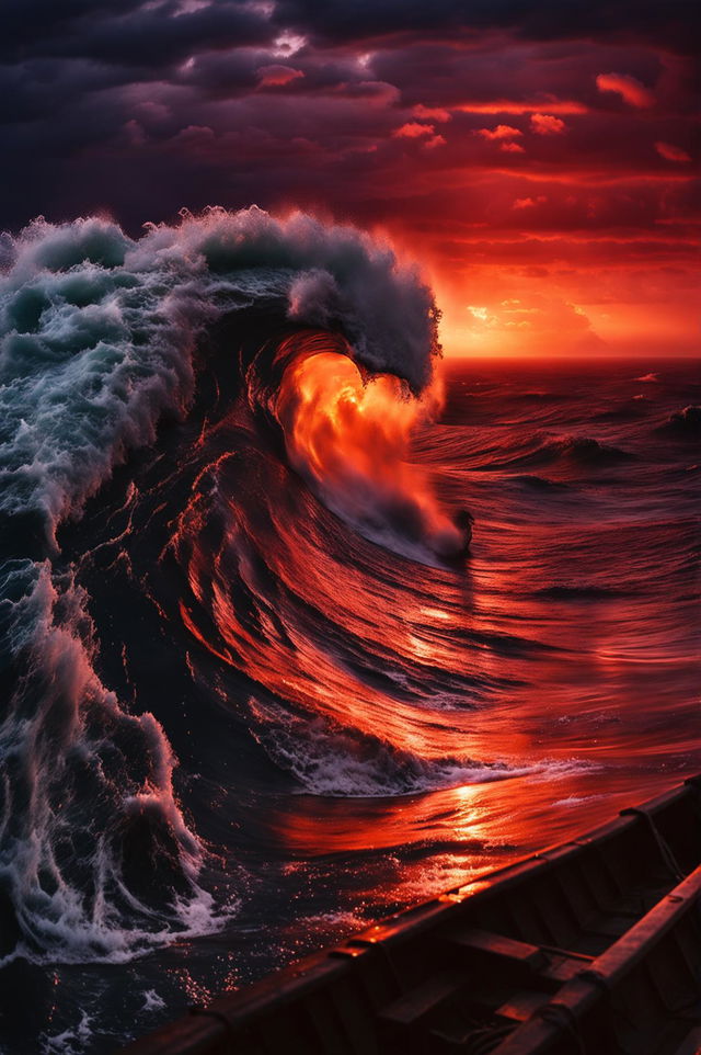 HD cinematic photograph of a fishing boat facing a rogue wave during a stormy sunset at sea, captured with a wide-angle lens.