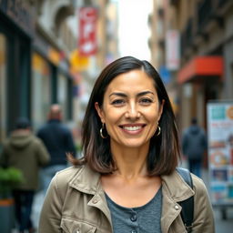 A 40-year-old woman with dark hair and European features, dressed in casual yet stylish clothing
