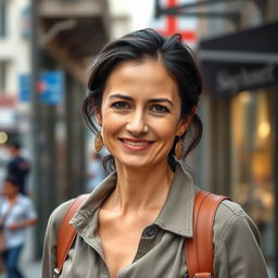 A 40-year-old woman with dark hair and European features, dressed in casual yet stylish clothing