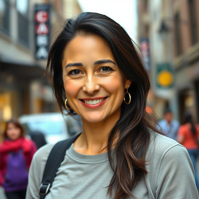 A 40-year-old woman with dark hair and European features, dressed in casual yet stylish clothing