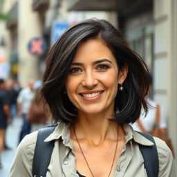 A 40-year-old woman with dark hair and European features, dressed in casual yet stylish clothing