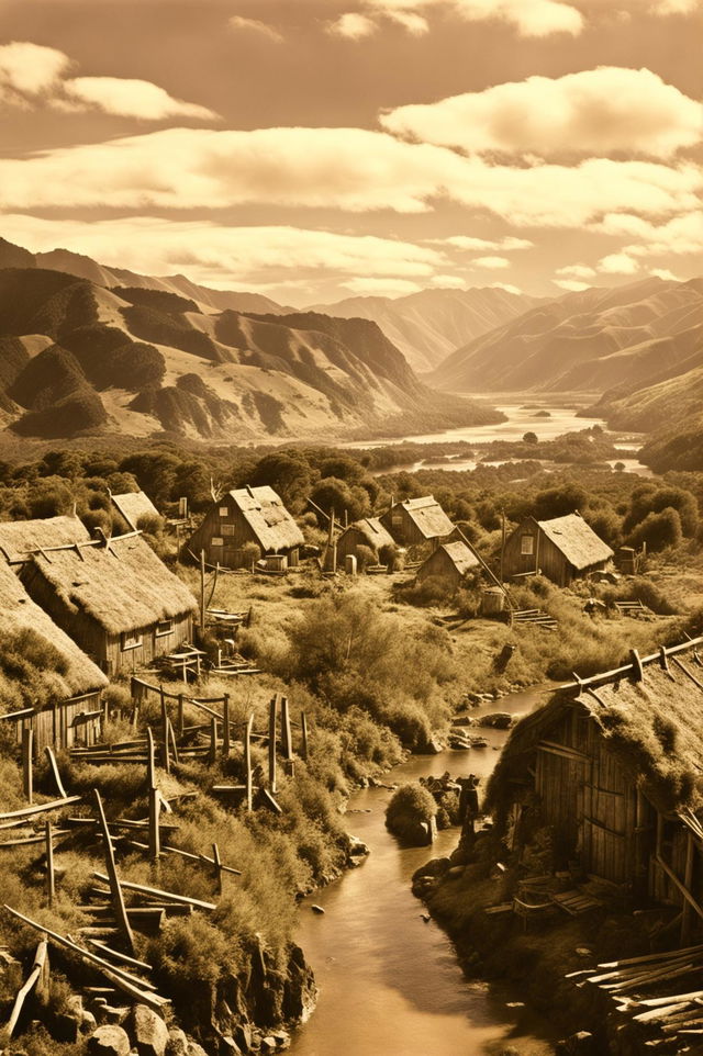 Sepia-toned HD historic photograph of an early New Zealand settlement captured with a wide-angle lens.