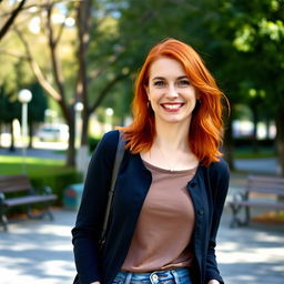 A 35-year-old woman with striking red hair and a European appearance, dressed in casual, stylish clothing