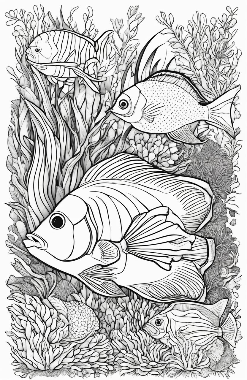 Colouring book page featuring a variety of fish including an angelfish, clownfish, swordfish and pufferfish with a coral and seaweed backdrop