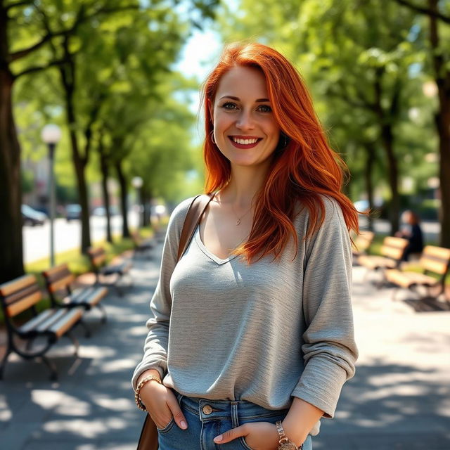 A 35-year-old woman with striking red hair and a European appearance, dressed in casual, stylish clothing